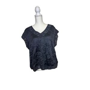 Lucky Brand Black Satin Short Sleeve Shirt with Lace Trim Women's Size Large